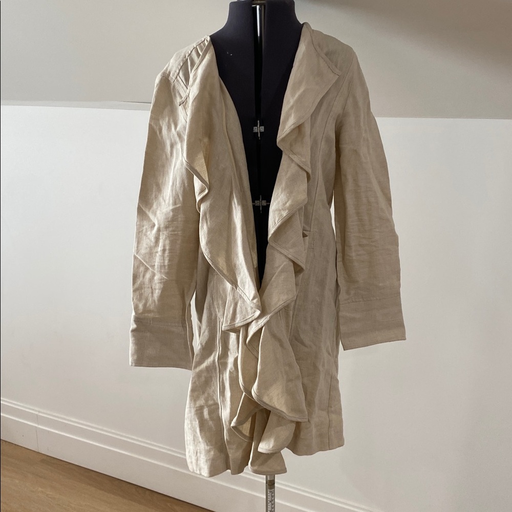 Laura Ashley 100% linen ruffle front open cardigan